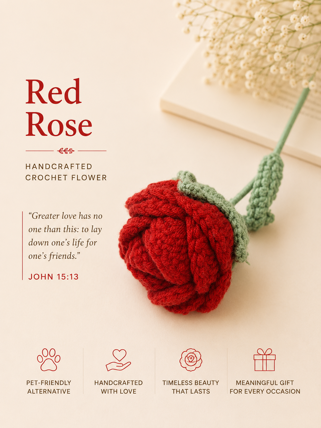 Handcrafted Rose – Artificial Rose Flower, Meaningful Christian Gift for Women, Everlasting Floral Home Décor